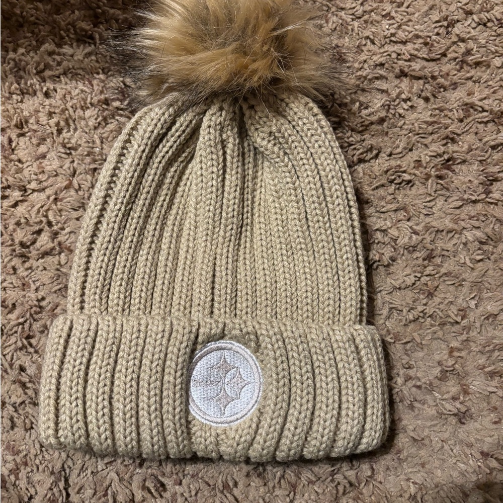 Beige Steeler Knit Beanie with Pom Pom